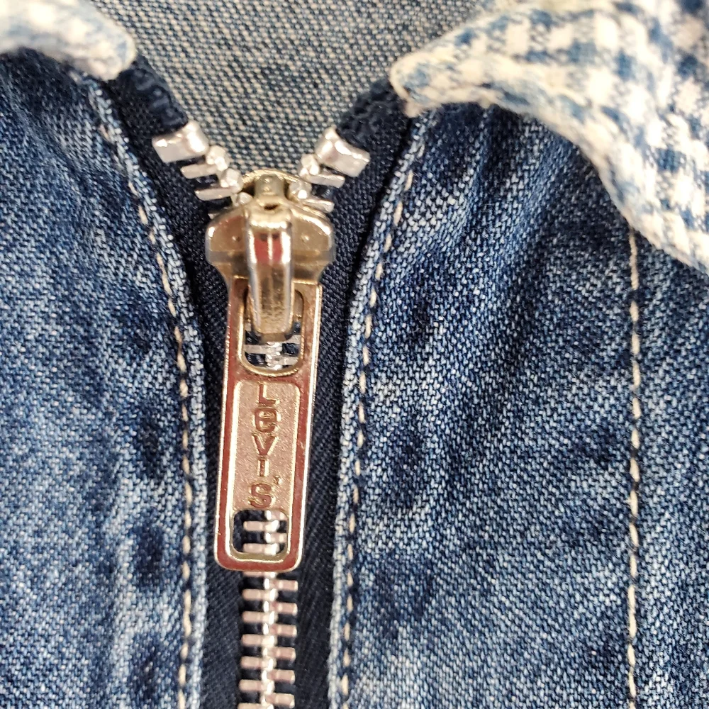 Vtg Levis Shirt Mens M Blue White Plaid Check 3/4 Sleeves Full Zip